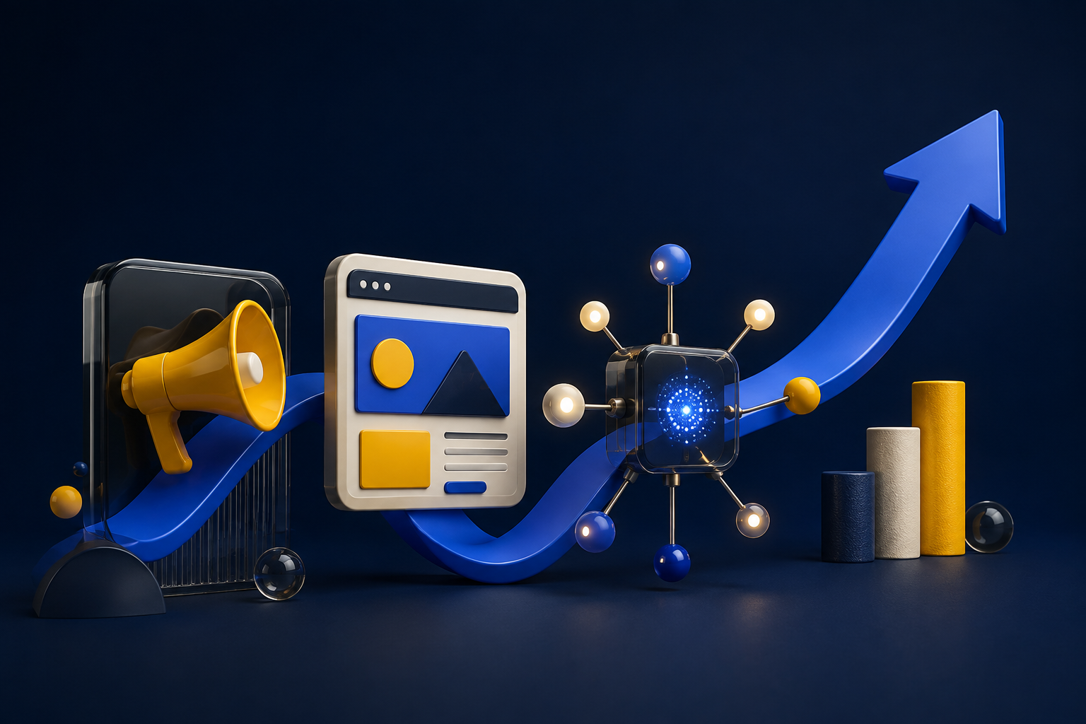 Ilustración de publicidad, desarrollo web y automatización conectados por una flecha de crecimiento